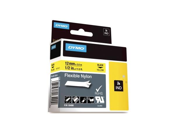 Tape DYMO Rhino nylon sort/gul 12mm 